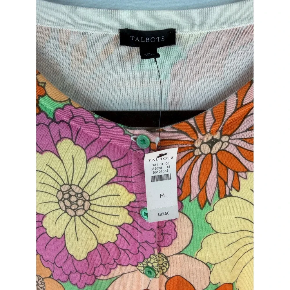 Talbots Floral Cardigan Sweater Womens Med NWT Pink Orange Retro 60s Psychedelic